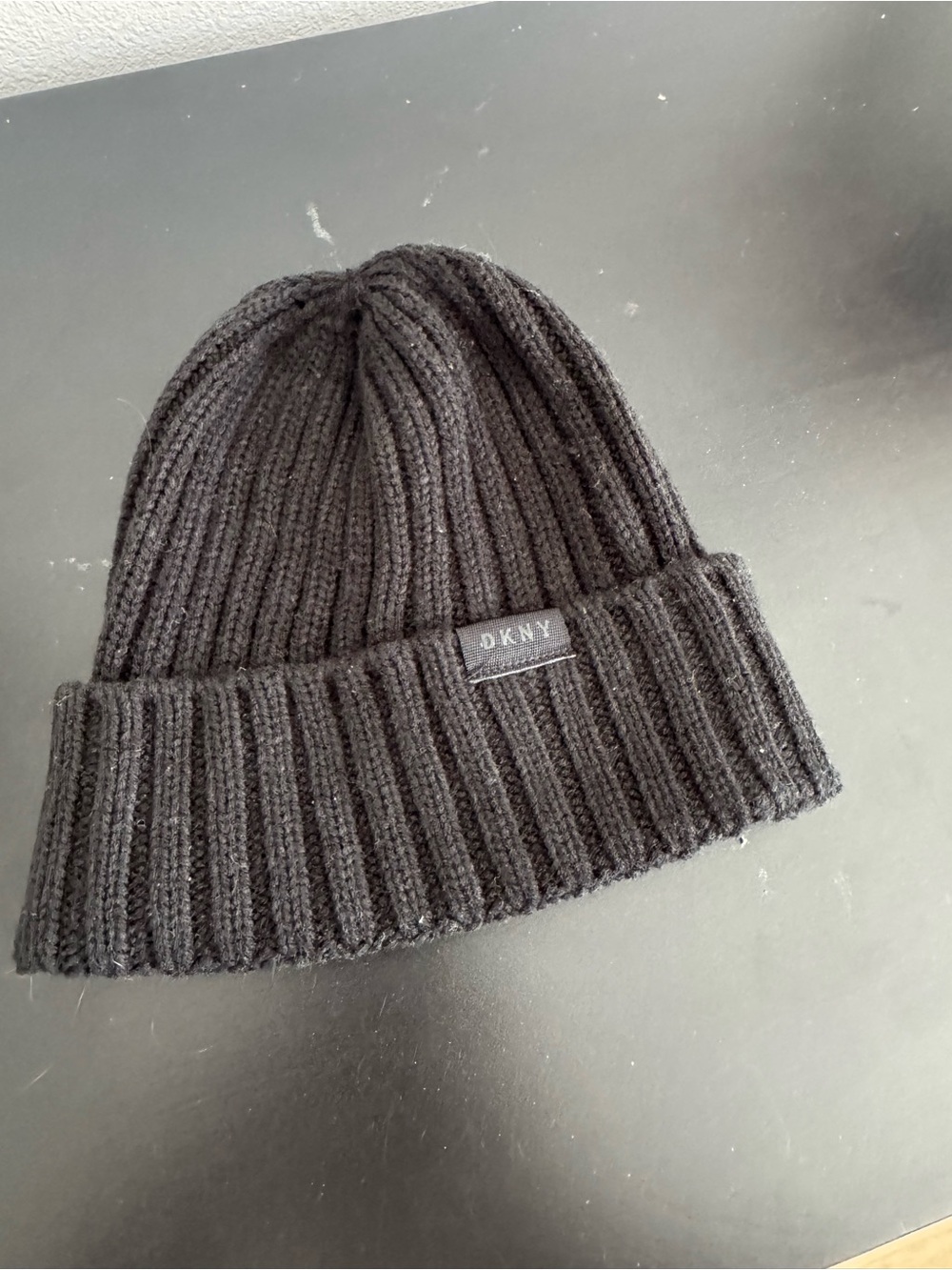 DKNY Black Ribbed Fold-Over Beanie